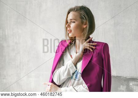 Young Businesswoman. Beautiful Woman Director, Head, General Manager, Ceo In Astylish Bright Busines