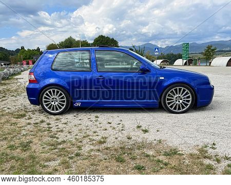 Velenje, Slovenia - August 12, 2022: Blue Volkswagen Golf 4 Pakkerd On A Public Parking Lot. Nobody 