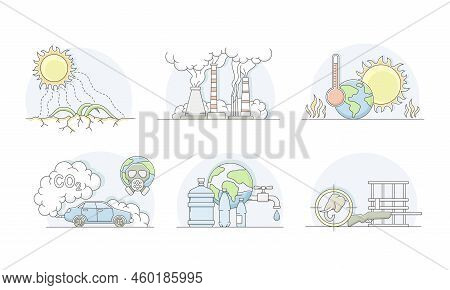 World Resources With Carbon Oxide, Sun And Water As Renewable Natural Source Line Vector Set