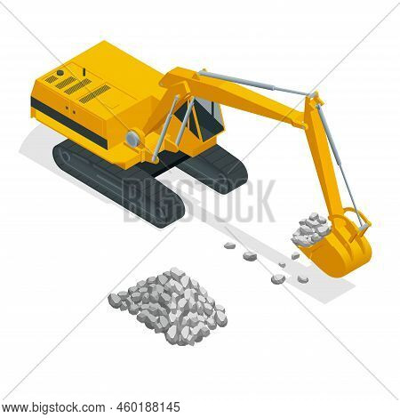 Excavator With Bucket Lift Up Are Digging. Isometric Yellow Excavator