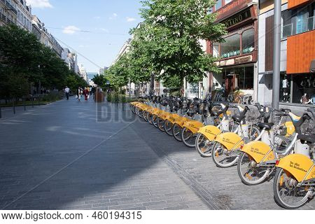 Brussels, Belgium - June 02, 2022: Public Villo Bicycles Parked In The Sharing