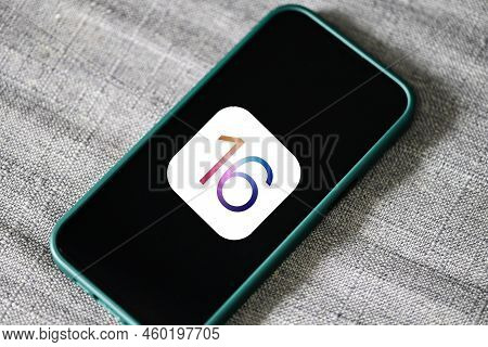 Iphone With Ios 16 Logo On The Screen Close Up, New Operating System 2022-2023 On Iphone Apple Devic