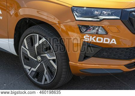 Nova Bana, Slovakia - July, 24, 2022 :  Skoda Karoq Car In Phoenix Orange Metallic Color As Escort C