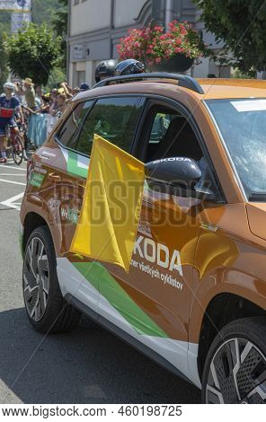 Nova Bana, Slovakia - July, 24, 2022 :  Skoda Karoq Car In Phoenix Orange Metallic Color As Escort C