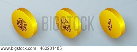 Set Isometric Line Alloy Wheel For Car, Racing Helmet And Car Spark Plug Icon. Vector