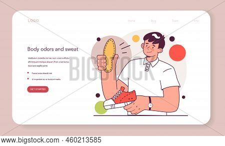 Feet Problem Correction. Character Puting Anatomical Footwear