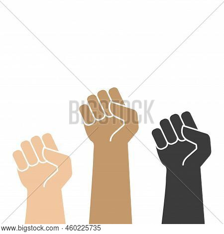 White, Brown And Black Protest Fists. Rised Hands. Flat Vector Illustration Isolated On White Backgr