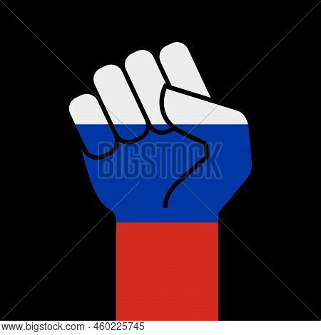 Protest Fist In The Colors Of The Russian Flag. Rised Hand. Flat Vector Illustration Isolated On Bla