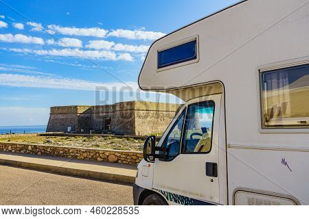 Caravan On Coastal Fortification, Castle Near The Town Of Los Banos De Guardias Viejas, Almeria Prov