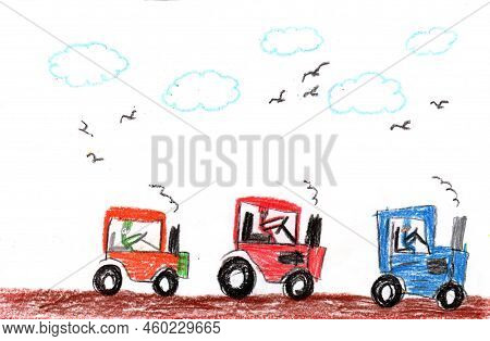 Tractor And Trailer Working A Field.car Truck Moving Alongside. Harvesting Season. Harvest Delivery,