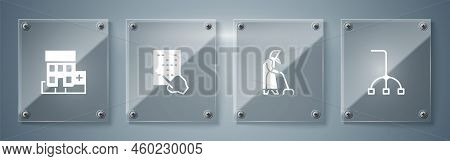 Set Walking Stick Cane, Grandmother, Braille And Medical Hospital Building. Square Glass Panels. Vec