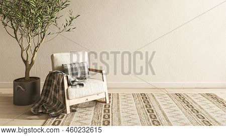 Empty Wall Mockup In Warm Neutral Beige Room Interior With Wooden Armchair. Boho Style Decoration An