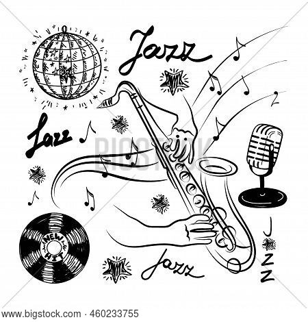 A Set Of Musical Elements For A Jazz Image. Inspirational Saxophone Playing, Hand-drawn Doodle. Flyi