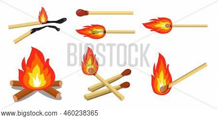 Collection Set Of Bonfire And Matches Ilsolated Object