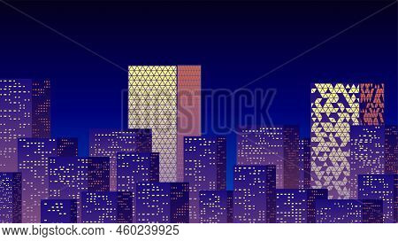 Neon Night In The Business City With Skyscrapers. Purple Highrise Cityscape Background In 80s Style 