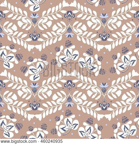 Seamless Pattern With Fern Branches, Clovers And Berries. Vector Hand Drawn Illustration, Garden In 