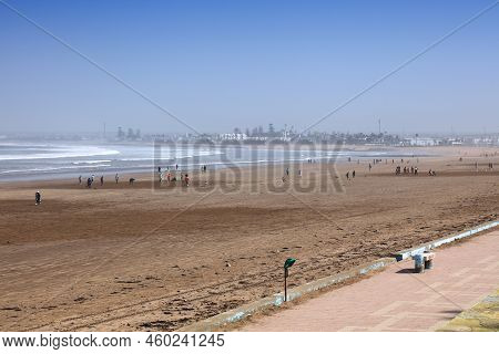El Jadida, Morocco - February 23, 2022: People Visit The City Beach In El Jadida Town In Morocco.
