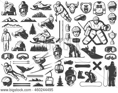 Vintage Winter Sport Games Icons Collection With Hockey Snowboarding Snowmobile Skiing Sportsmen Equ
