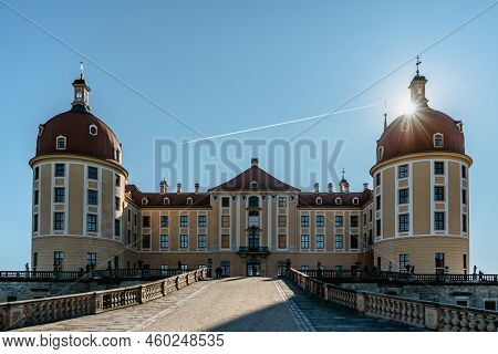 View Of Fairy Tale Moritzburg Castle In Saxony,germany.magnificent Baroque Palace In Middle Of Large
