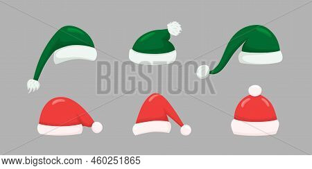 Christmas Santa Hats Set For Photo Prop Box. Vector Stock Illustration Isolated On Grey Background F