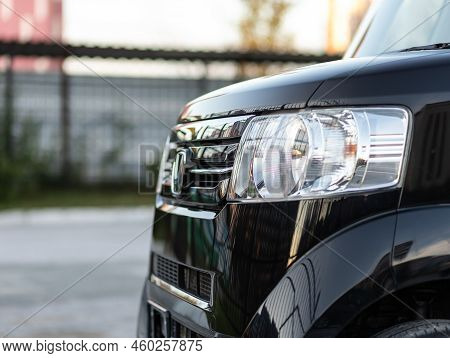 Novosibirsk, Russia -   August 03, 2022:   Black Honda N-box, Exterior Detail . Close Up  Of Modern 