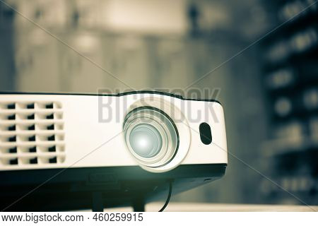 Close-up Computer Projector On Table Boardroom Or Meeting Room Technology Equipment Of Visual Or Vis