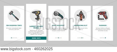 Building Tool Hammer Repair Drill Onboarding Mobile Vector. Home Saw, Construction Screwdriver, Hous