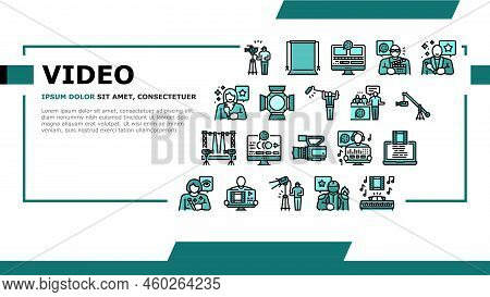Video Production Film Studio Landing Web Page Vector. Movie Camera, Media Studio, Digital Profession