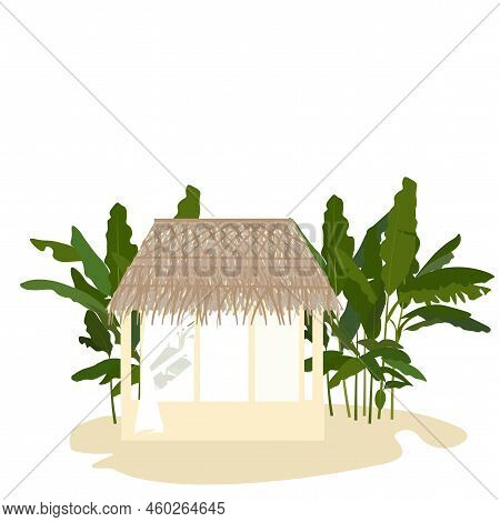 Bungalows Vector Stock Illustration. A House With A Thatched Roof. Palm Trees And A Hut On A Tropica