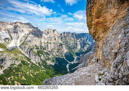Panoramic View Of Tavernanzes Valley In Dolomites. Piz Forcia Rossa Ridge On Background. Italy