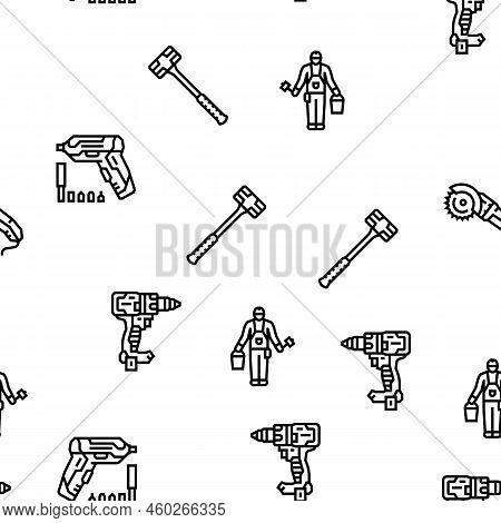 Building Tool Hammer Repair Drill Vector Seamless Pattern Thin Line Illustration