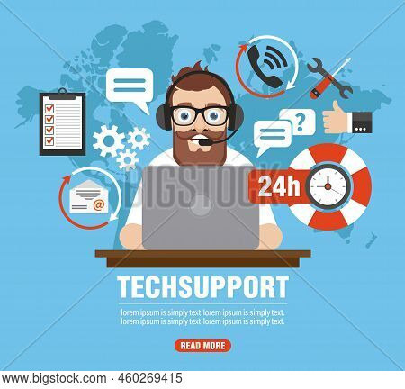 Techsupport Concept. Operator Call Center, Customer Service Modern Design Flat Banner. Vector Illust