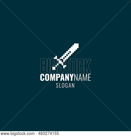 Black And White Simple Vector 1bit Pixel Art Logo Of Medieval Knights Sword In The Style Of Old Arca