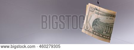 Close-up Of American Currency Banknote On Hook, Catch Cash Money. Investment Risk Or Money Trap, Bus