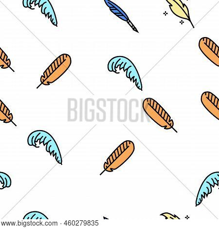 Feather Bird Soft Quil Fluffy Vector Seamless Pattern Thin Line Illustration