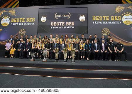 Istanbul, Turkey - May 23, 2022: Vakifbank Players Posing During Press Conference Of Vakifbank Women