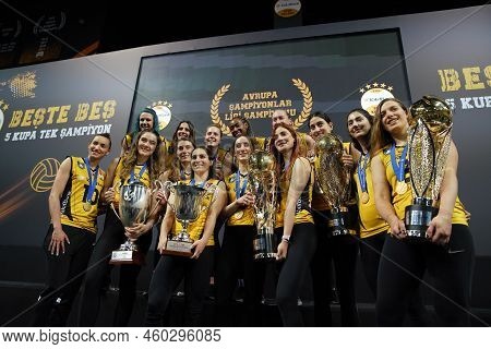 Istanbul, Turkey - May 23, 2022: Vakifbank Players Posing During Press Conference Of Vakifbank Women
