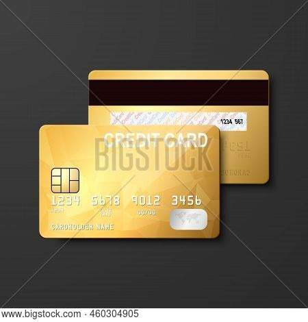 Vector 3d Realistic Golden Blank Credit Card Isolated. Design Template Of Plastic Credit Or Debit Ca