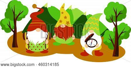 Camping Gnomes Svg Vector Illustration Isolated On White Background.camper Gnomes In The Mountains. 