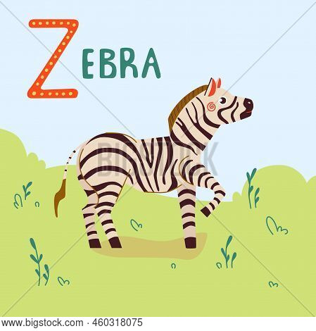 Zebra Vector Flat Cartoon Illustration. Cute African Zebra For Prints, Stickers, Cards And Kids Desi