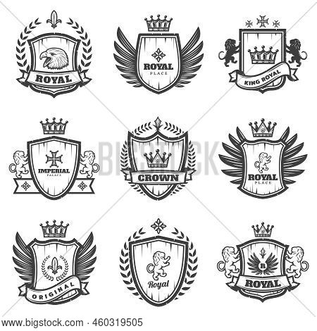 Vintage Monochrome Heraldic Emblems Set With Ornate Coats Of Arms And Medieval Blazons Isolated Vect