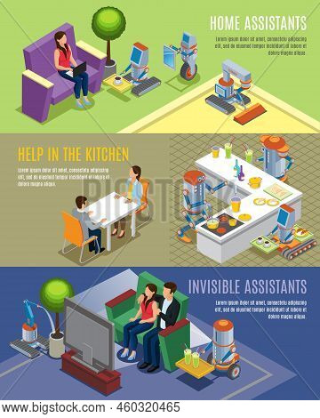 Isometric Home Robots Horizontal Banners With Robotic Assistants Helping People In Housework Cleanin