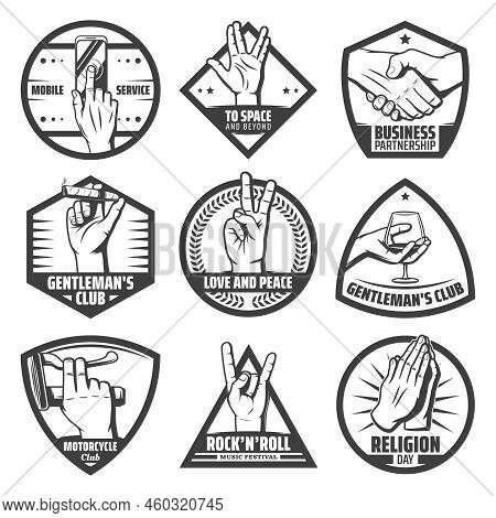Vintage Hands Labels Set With Mobile Touch Handshake Greeting Salute Rock Goat Peace Praying Instrum