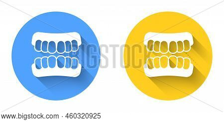 White Dentures Model Icon Isolated With Long Shadow Background. Teeth Of The Upper Jaw. Dental Conce