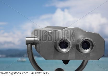 Metal Tower Viewer Installed Near Sea, Closeup. Mounted Binoculars