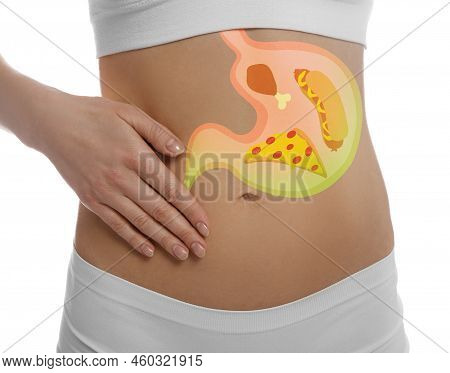 Woman With Image Of Stomach Full Of Junk Food Drawn On Her Belly Against White Background, Closeup. 