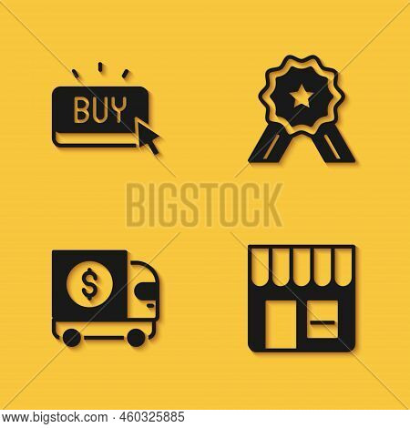 Set Buy Button, Market Store, Armored Truck And Stars Rating Icon With Long Shadow. Vector