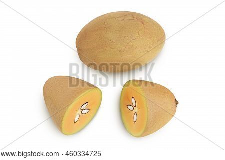 Sapodilla Isolated On White Background With Full Depth Of Field. Top View. Flat Lay