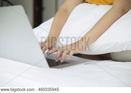 Person Are Using Laptops, Working Or Studying Online At Home. Businessman Using Laptop Work Outside 