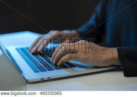 Person Are Using Laptops, Working Or Studying Online At Home. Businessman Using Laptop Work Outside 